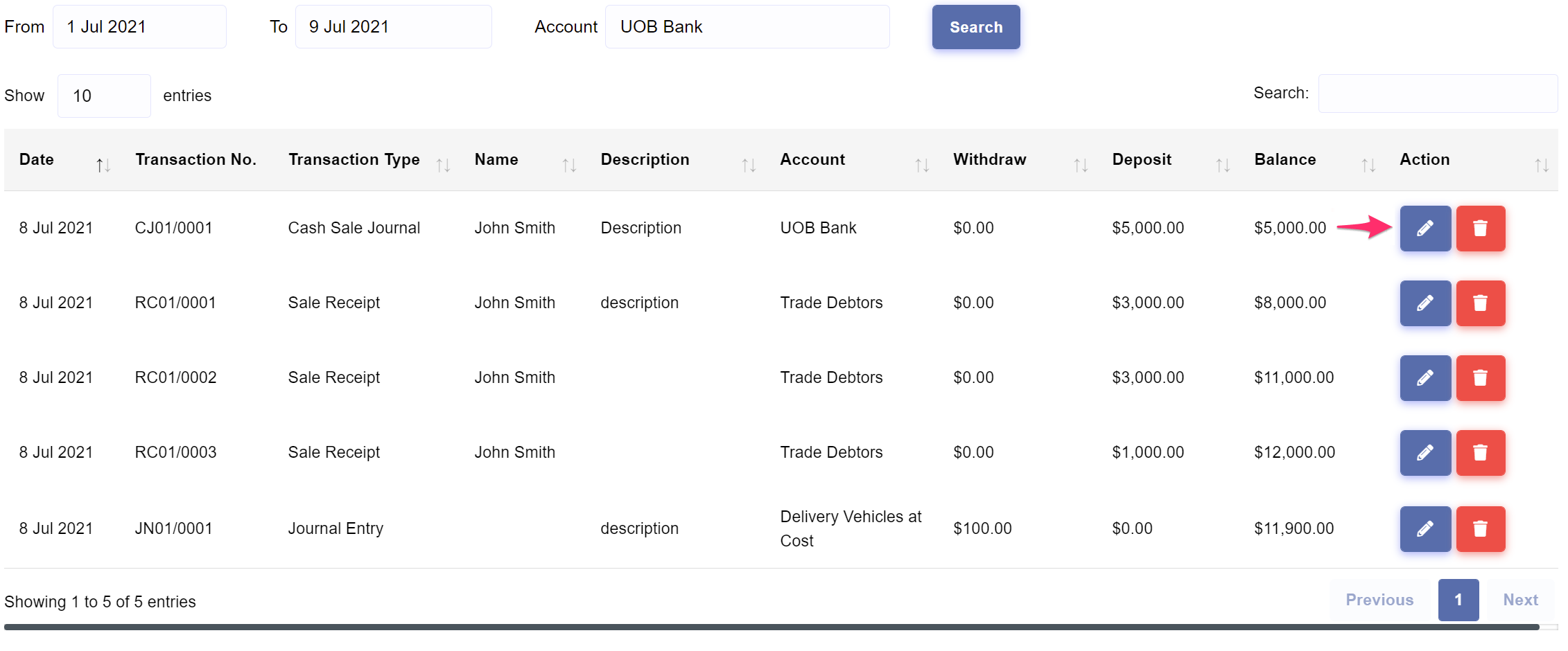 Banking > Bank Register > Update or Delete Bank Register