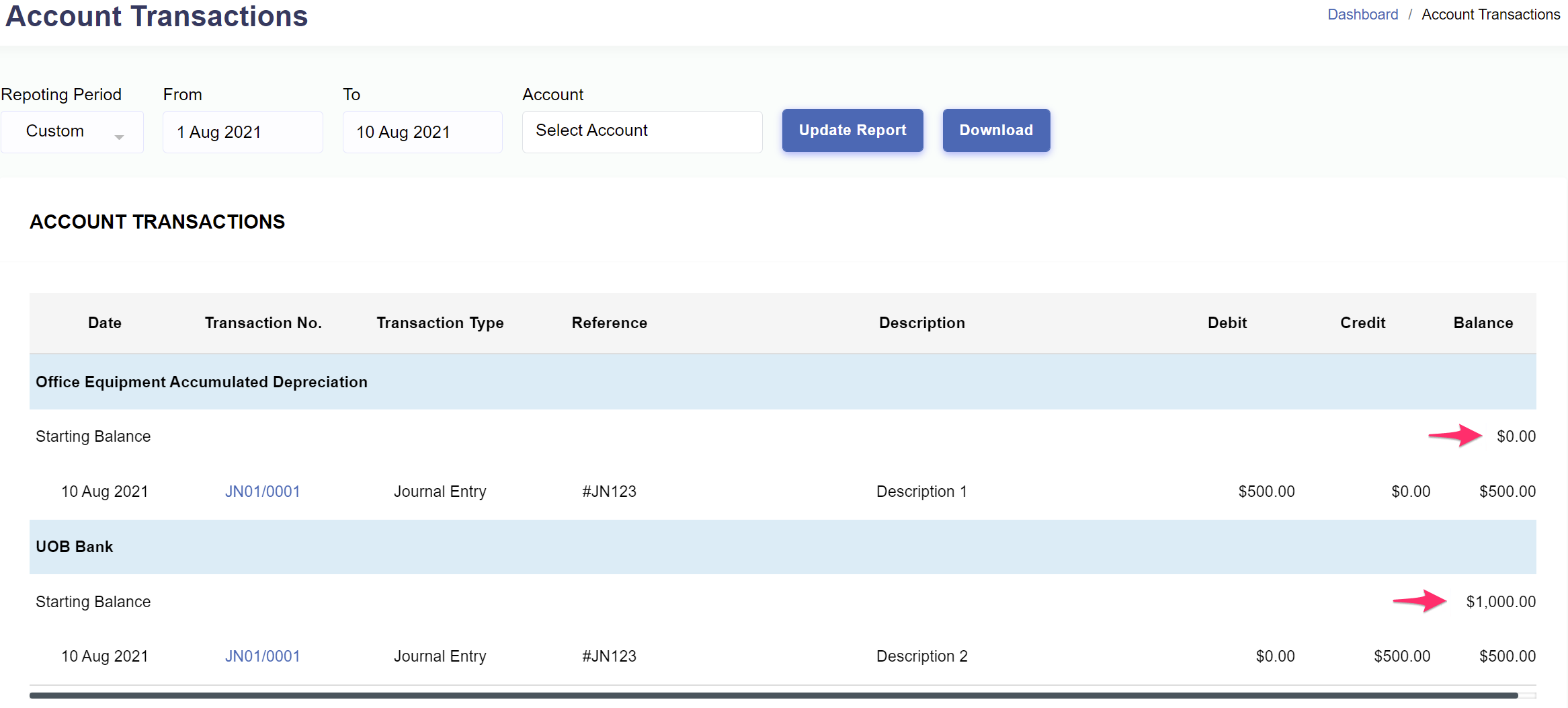  Reports > Account Transactions